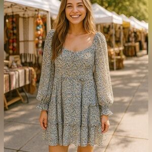 Bohme floral chiffon tiered boho dress sz L fully lined